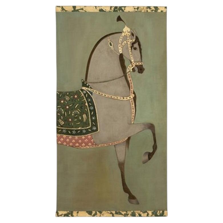 Lienzo pintado que representa un caballo indio de color claro de perfil. Contemporáneo.