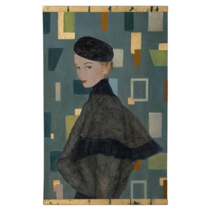 Lienzo pintado que representa a una mujer de los años 50. Obra contemporánea.