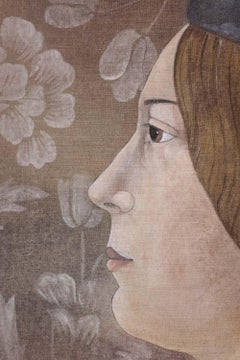 Painted canvas depicting an Italian Renaissance-style portrait.