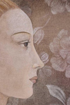 Painted canvas depicting an Italian Renaissance-style portrait.