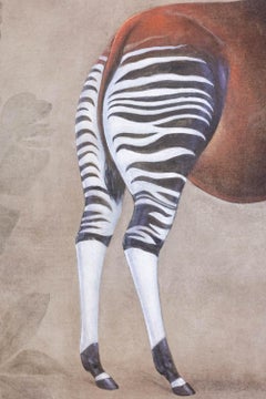 Painted canvas depicting an okapi on a gray background. Contemporary.