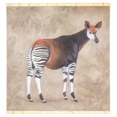 Painted canvas depicting an okapi on a gray background. Contemporary.