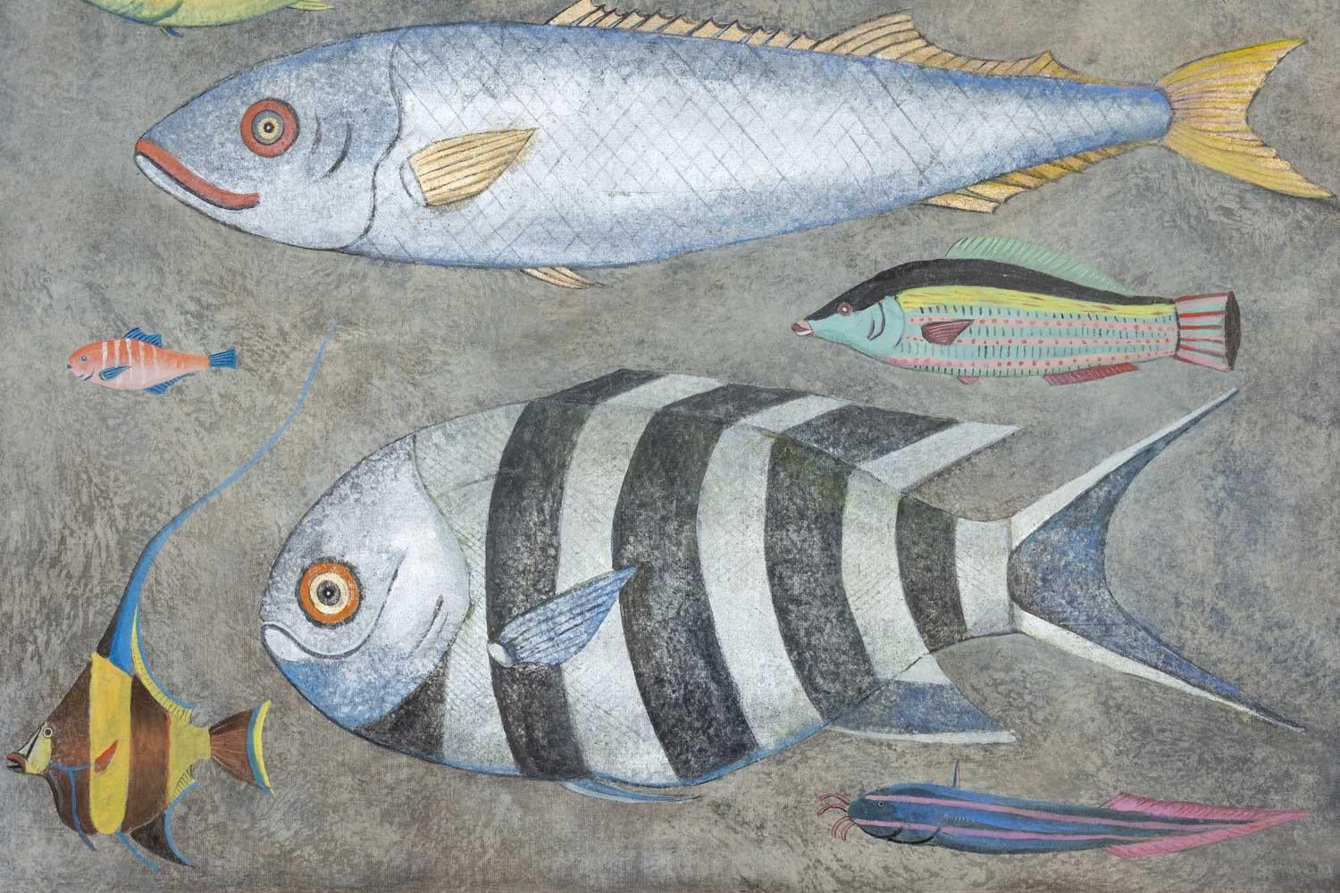 Painted canvas, or decorative panel depicting fish.

Contemporary French work.

Dimensions: H 220 x W 120 cm

Reference: LS6026911A

Raw linen canvas hand painted with natural pigments and golden patterns made with copper leaf. Canvas stretched
