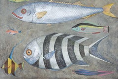 Painted canvas depicting fish. Contemporary work.