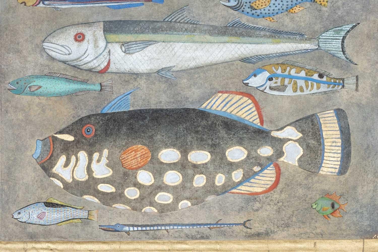 Painted canvas, or decorative panel depicting fish.

Contemporary French work.

Dimensions: H 180 x W 125 cm

Reference: LS6027911A

Raw linen canvas hand painted with natural pigments and golden patterns made with copper leaf. Canvas stretched