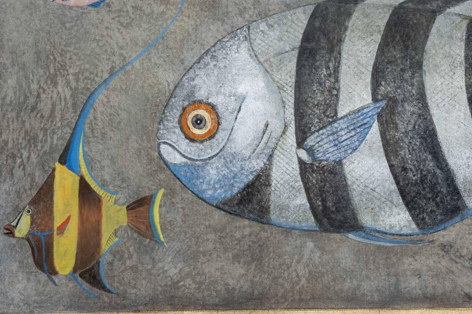 French Painted canvas depicting fish. Contemporary work. For Sale