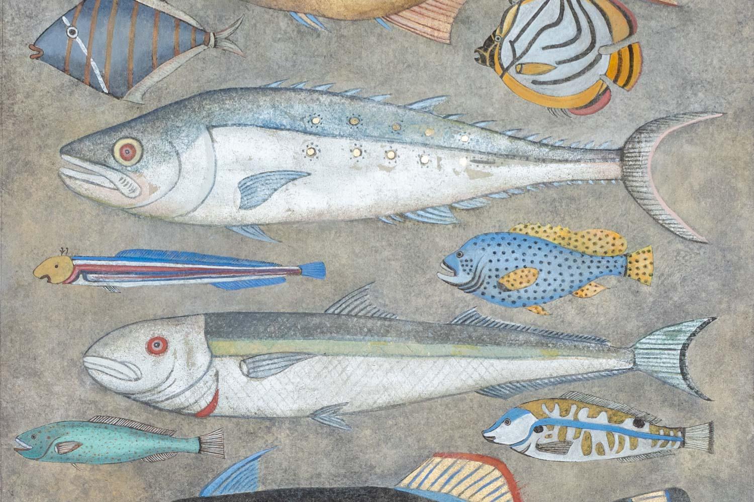 French Painted canvas depicting fish. Contemporary work. For Sale