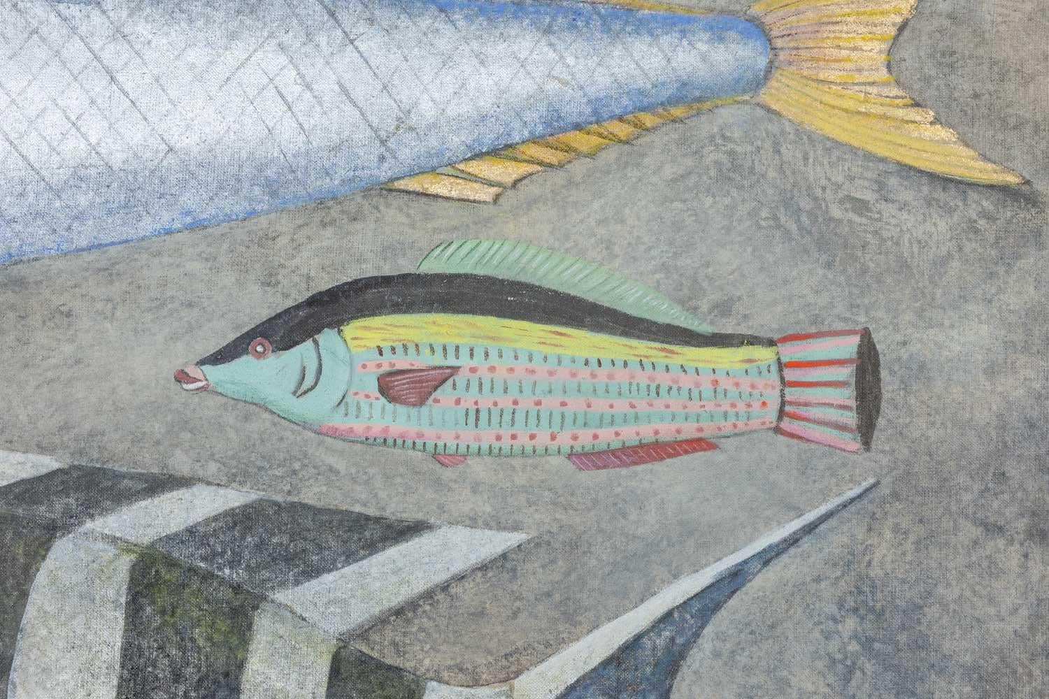 Painted canvas depicting fish. Contemporary work. In Excellent Condition For Sale In Saint-Ouen, FR