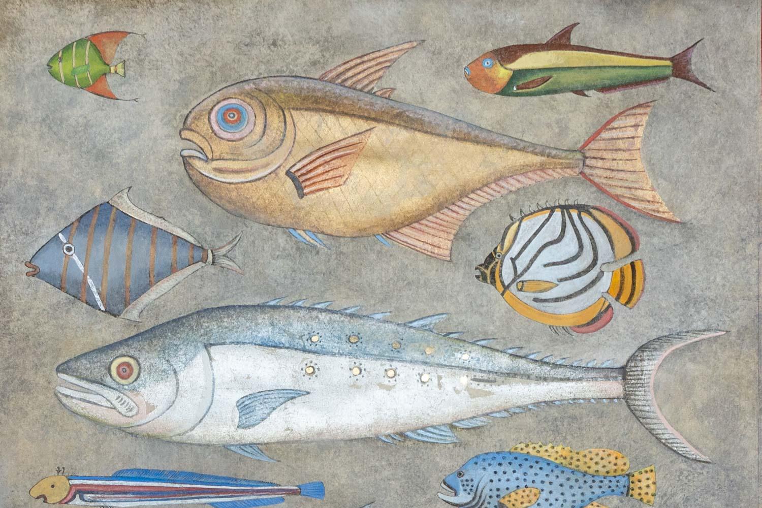 Painted canvas depicting fish. Contemporary work. In Excellent Condition For Sale In Saint-Ouen, FR