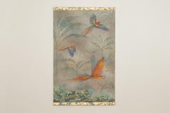 Painted canvas depicting parrots in a tropical forest. Contemporary.