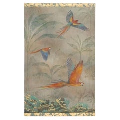 Painted canvas depicting parrots in a tropical forest. Contemporary.