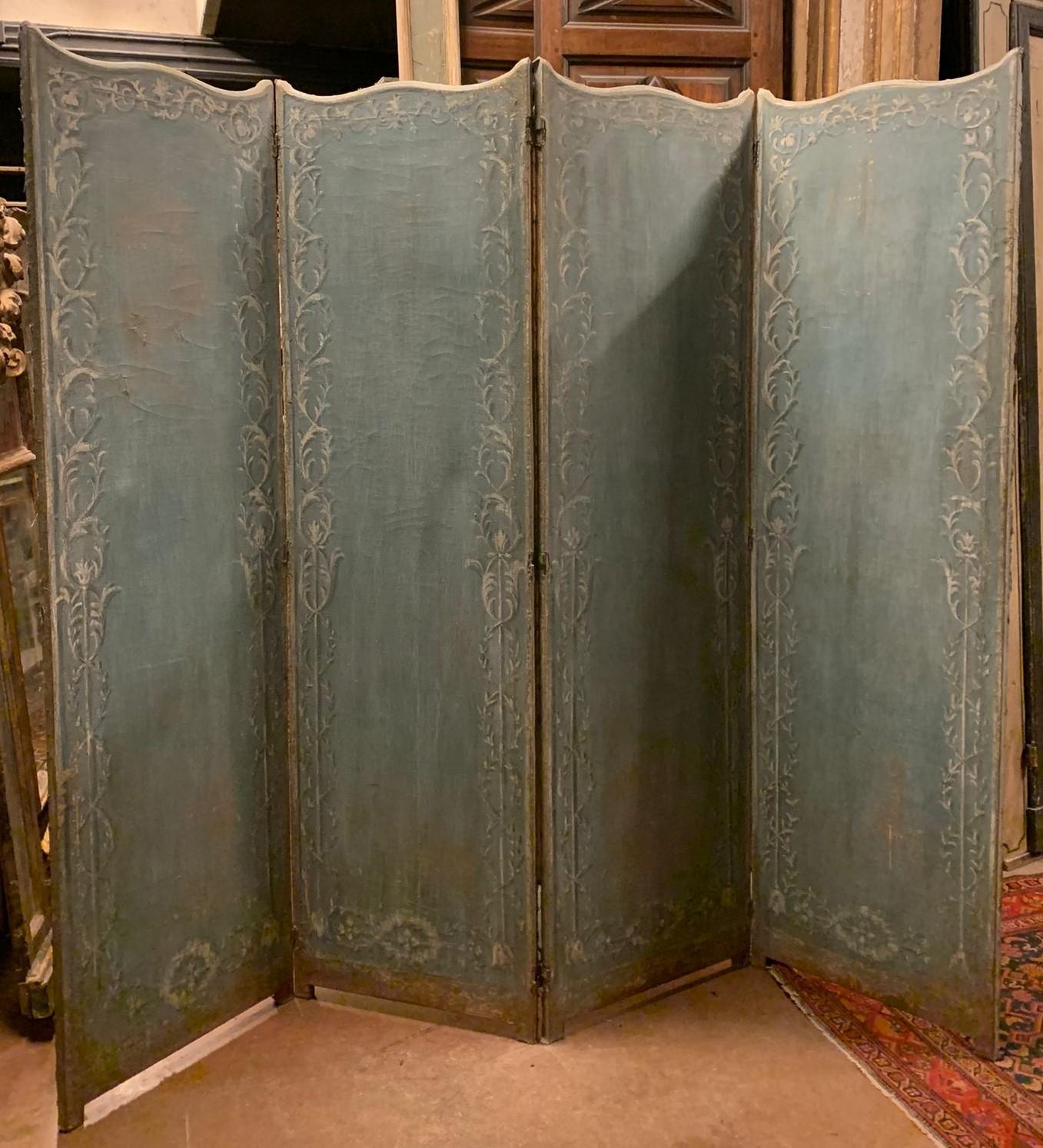 Antique canvas screen painted with rich baroque frame motifs, light blue and white frills, composed of 4 folding doors with book opening, handmade in Italy in the 18th century, measuring w 200 cm (50 cm x 4 doors) x H 178