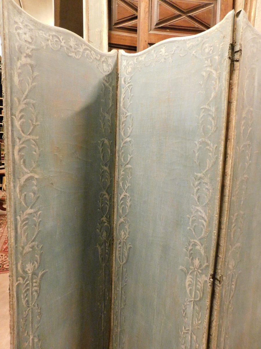 Italian Painted canvas divider, light blue baroque motifs, 4 folding doors, Italy For Sale