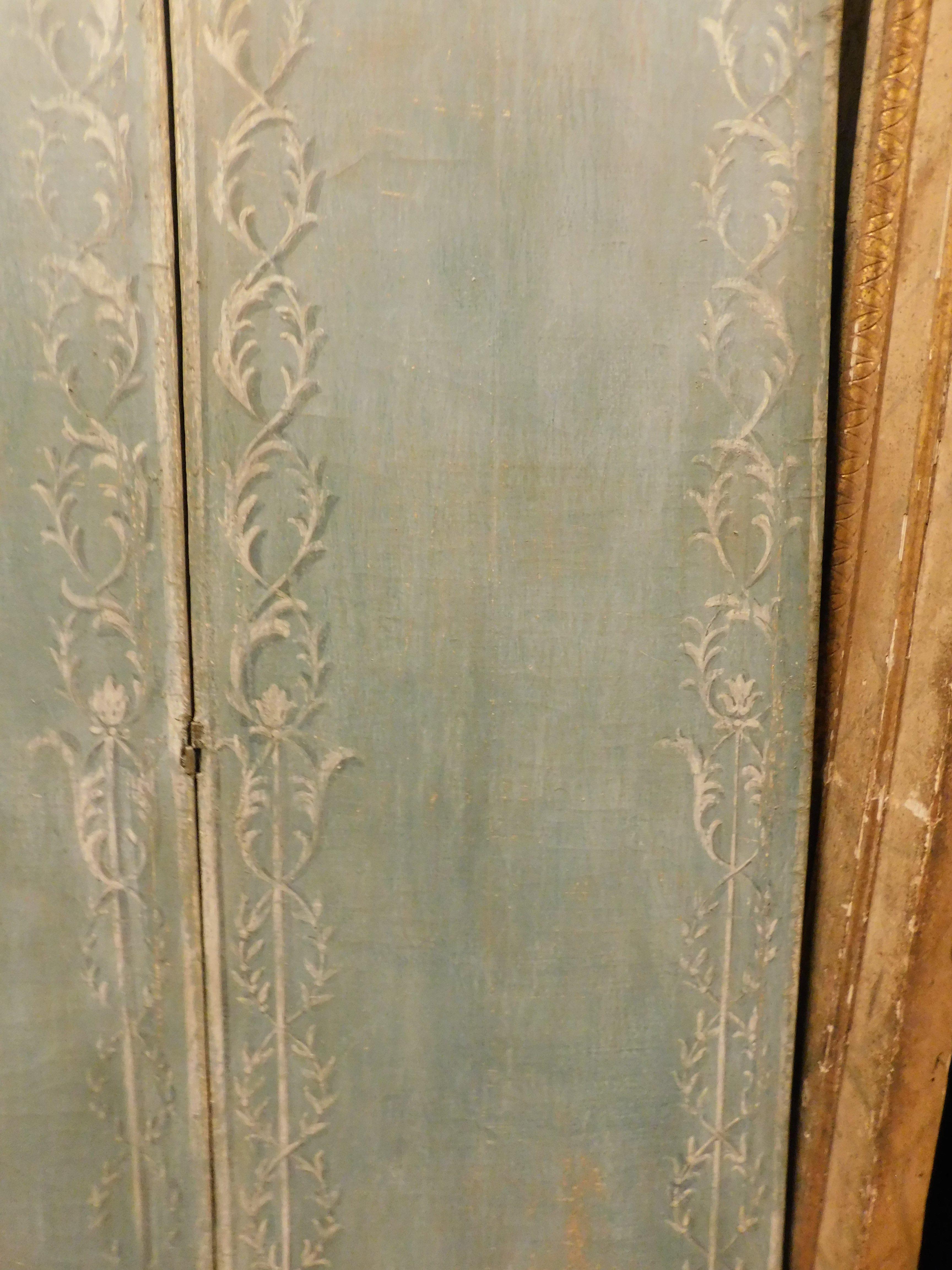 Painted canvas divider, light blue baroque motifs, 4 folding doors, Italy For Sale 1