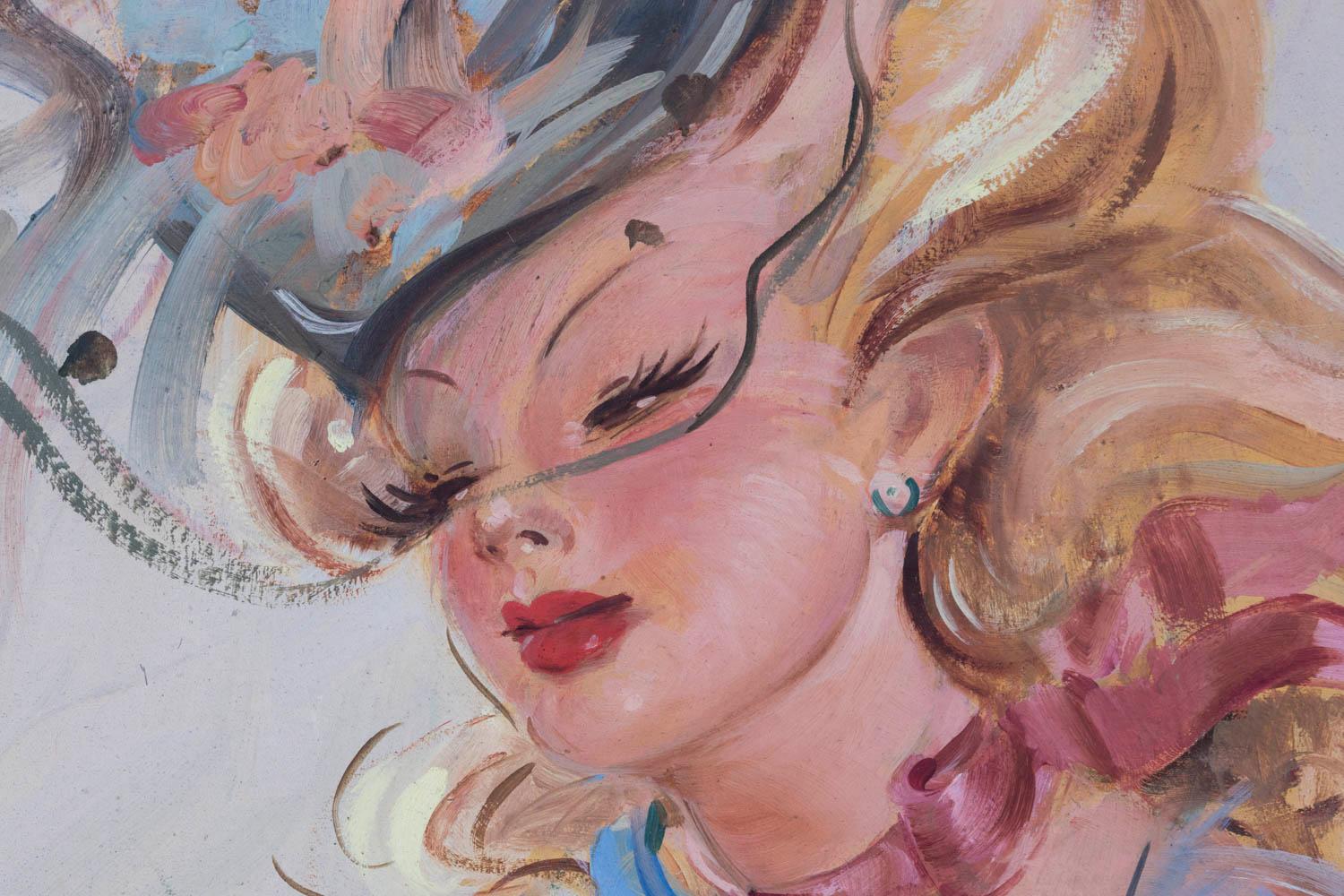 Jean-Gabriel Domergue, in the style of.

Painted canvas figuring a blond woman wearing a light blue dress and a transparent veil on shoulders, pink gloves and a similar colored knot around her neck, a grey hat adorned with blue and pink flowers.