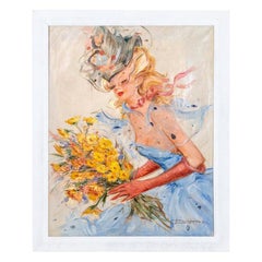 Painted Canvas, Elegant Woman with Flowers, 1950s