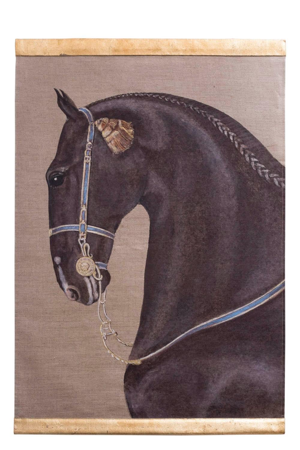 Painted canvas figuring a side view black horse head. Its hairs are braided and it wears a blue harness adorned with a yellow pompom. Brown background.

Linen raw canvas hand painted with natural pigments and background gilt with copper leaf.