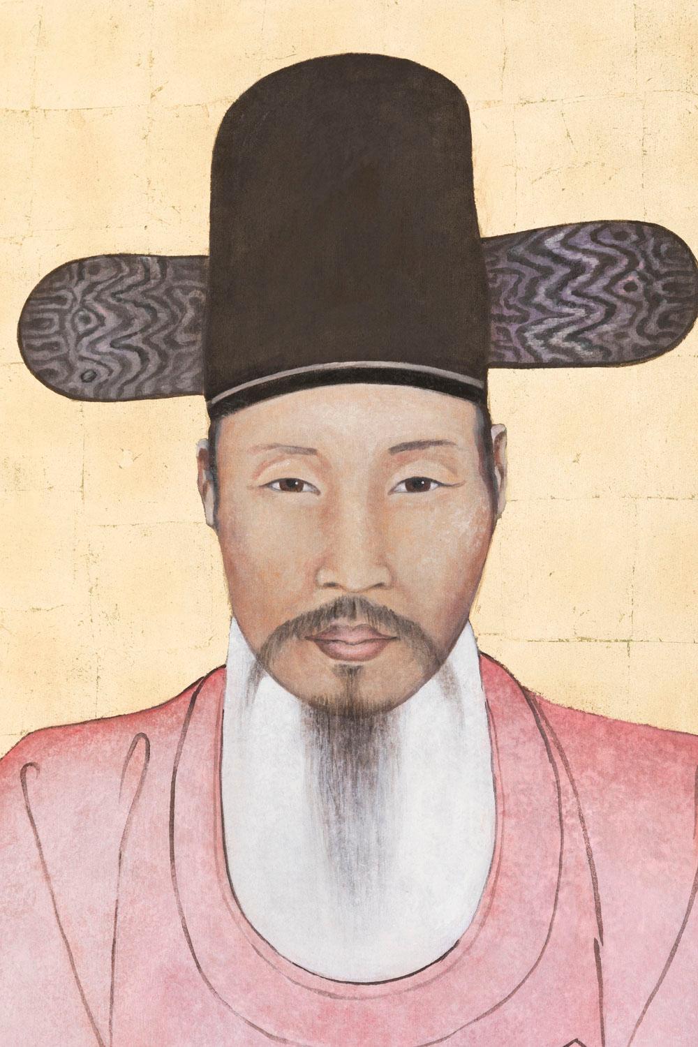 !Product made on order!

Painted canvas figuring a front portrait of a Chinese dignitary on a gilt background. He wears a pink coat with a round collar and large sleeves, a white fabric covering the neck and a black belt with a gilt buckle. He is