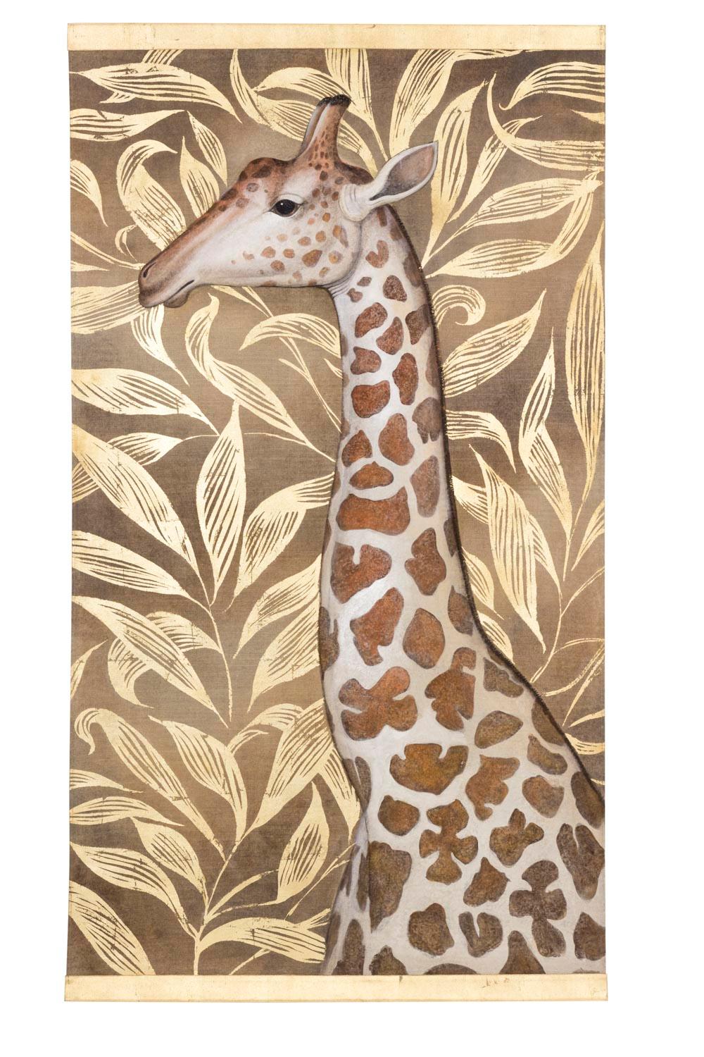 Painted canvas figuring a profile giraffe, centered at its shoulder’s level. Its coat is white with brown spots.
Brown background with gilt interwoven leaves.

Linen raw canvas hand painted with natural pigments and background gilt with copper