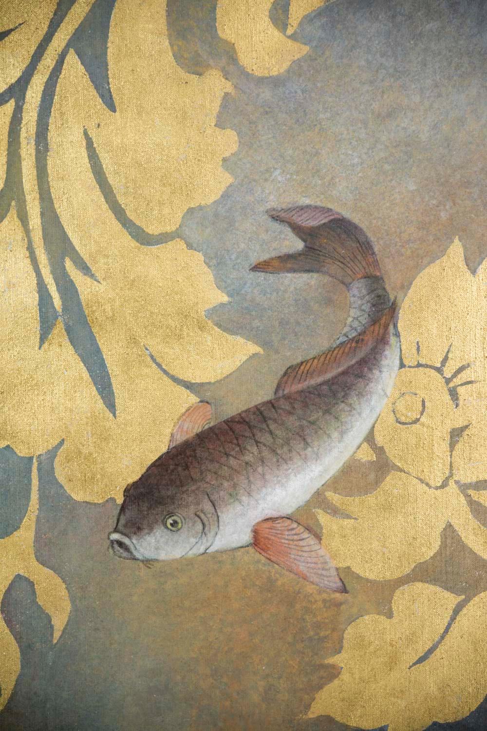 European Painted Canvas Figuring Carps, Contemporary Work For Sale