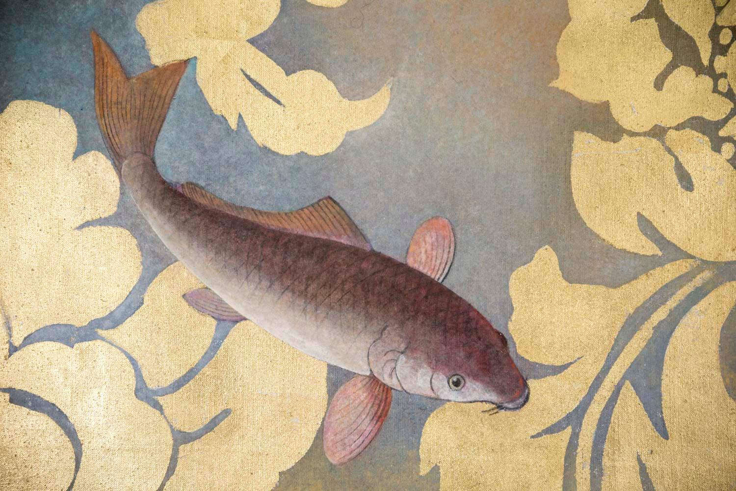 Hand-Painted Painted Canvas Figuring Carps, Contemporary Work For Sale
