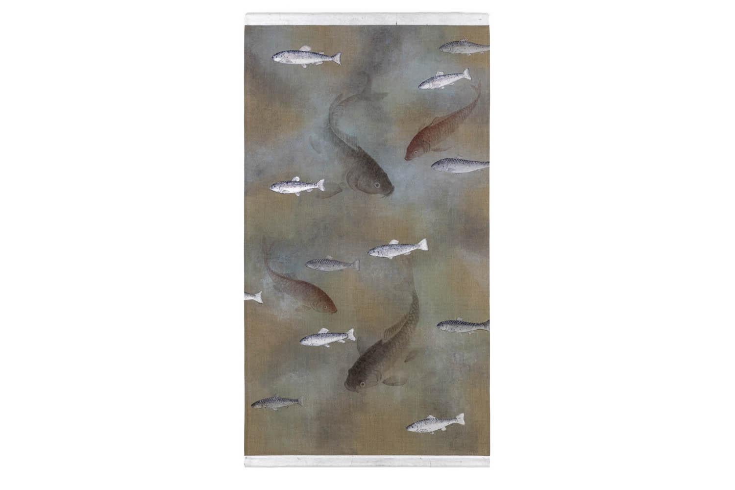 Painted canvas figuring fishes: large orange carps and small silvered carps.
Brown and blue background.

Linen raw canvas hand painted with natural pigments and background silvered with silver leaf. Canvas stretched thanks to two wood sticks and