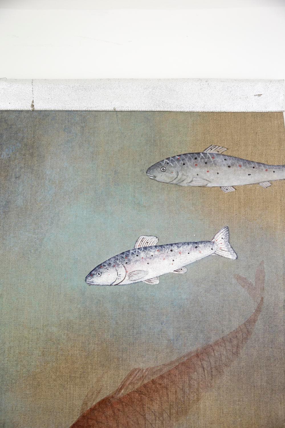 Gilt Painted Canvas Figuring Fishes, Contemporary Work For Sale