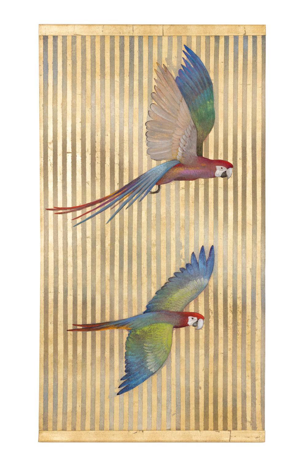 Painted canvas figuring two flying multicolored parrots on a gilt and brown striped background.

Linen raw canvas hand painted with natural pigments and background gilt with copper leaf. Canvas stretched thanks to two wood sticks and the lower one