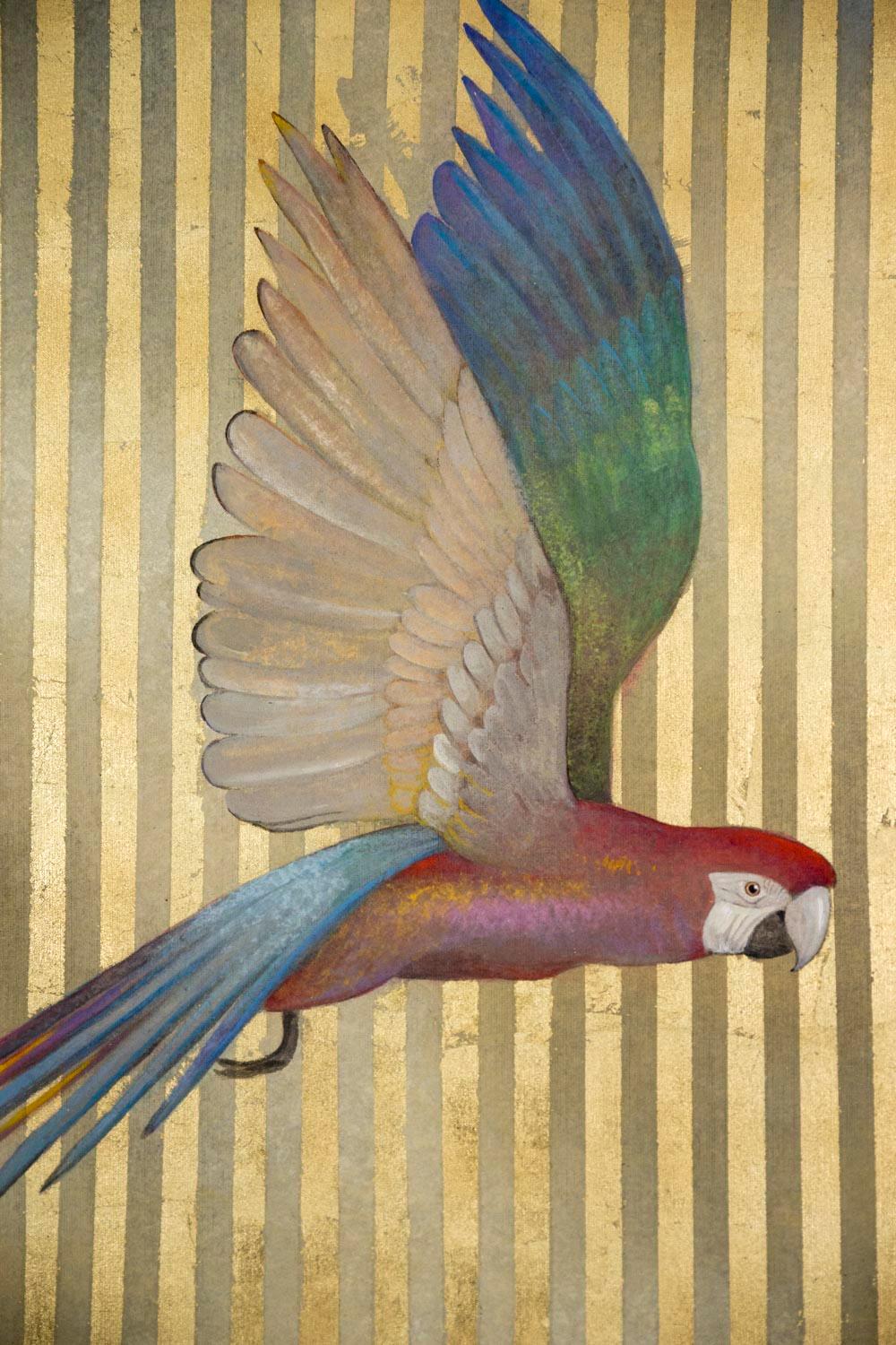 Gilt Painted Canvas Figuring Parrots, Contemporary Work For Sale