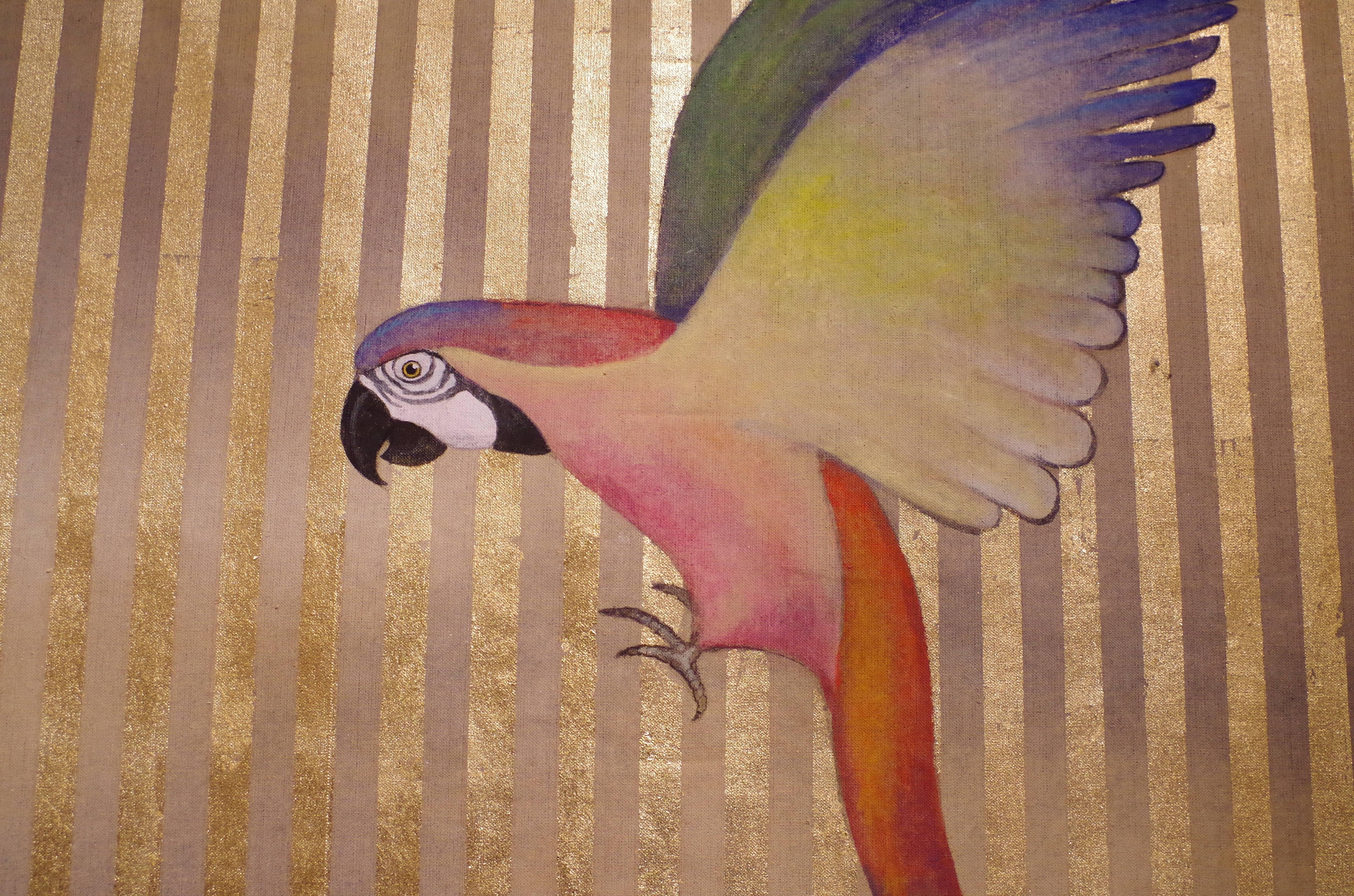 Modern Painted Canvas Figuring Parrots, Contemporary Work For Sale