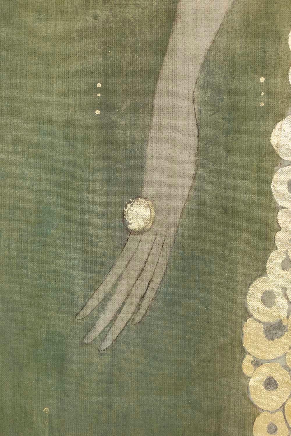 Toile peinte de style Art déco représentant une femme élégante de dos portant une robe 