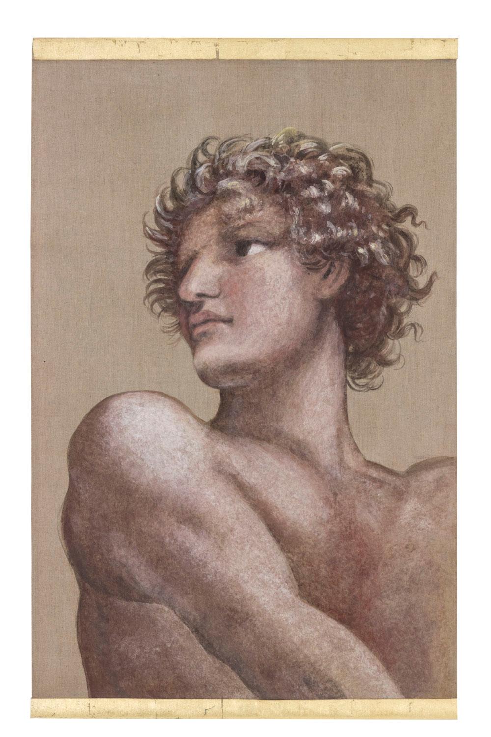 Painted canvas figuring a man in the Michelangelo style, bottom and side view. He is naked with muscles reminding the one from the Italian Renaissance painting, he has curly hairs and turns the head to the left. Brown background.

Linen raw canvas