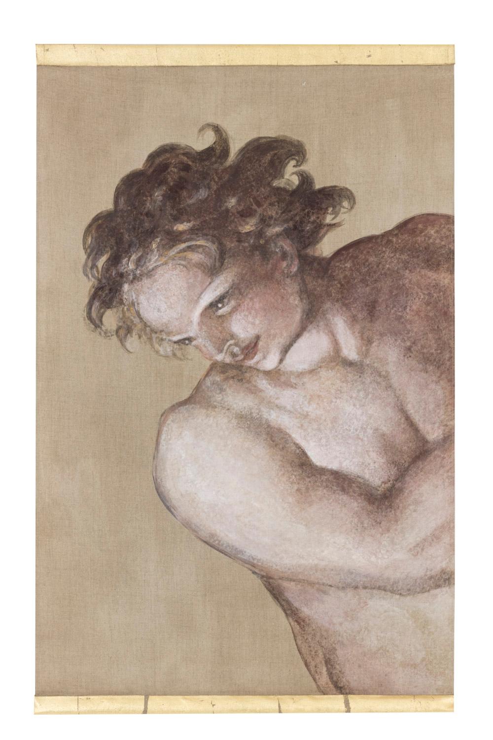 Painted canvas figuring a man in the Michelangelo style, side view. He is naked with muscles reminding the one from the Italian Renaissance painting, he has curly hairs and turns the head to the bottom left. Brown background.

Linen raw canvas