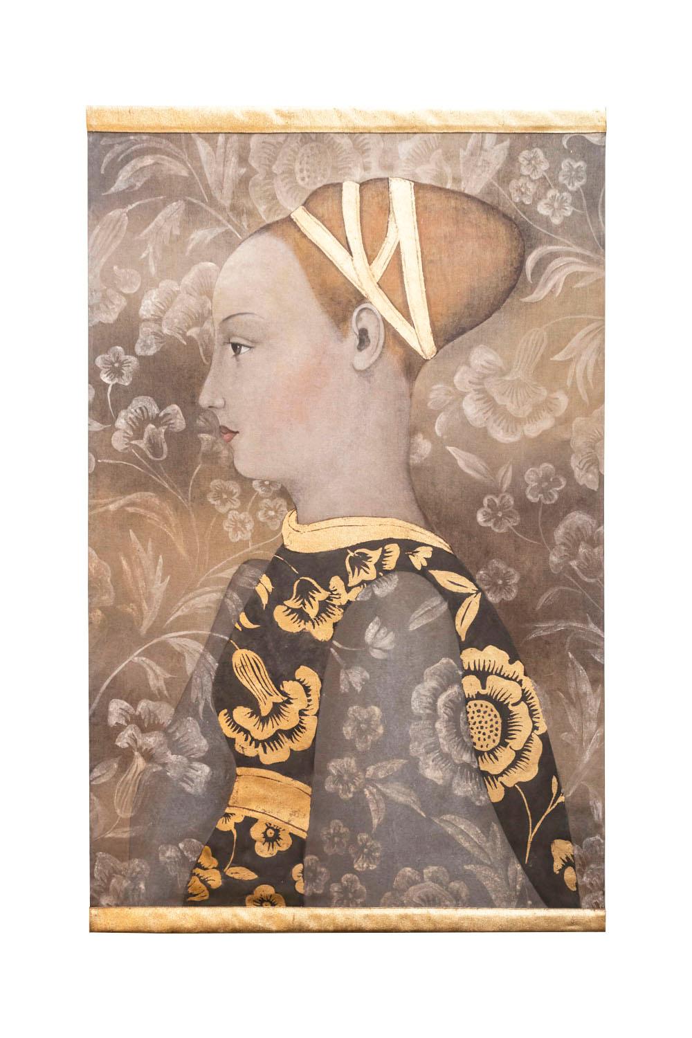 Painted canvas figuring a side view of a woman portrait in the Renaissance style. 
She wears a black dress with a gilt collar, belt with gilt flower motifs, grey sleeves adorned with white floral motifs. The woman is ginger with a shaved forehead
