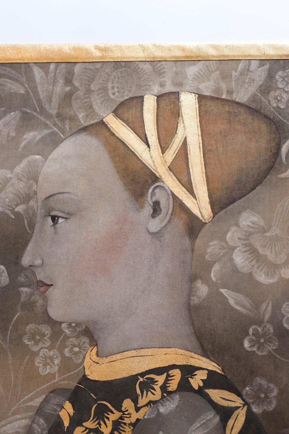 Lienzo Pintado de un Retrato de Mujer de Estilo Renacentista, Obra Contemporánea Renacimiento en venta