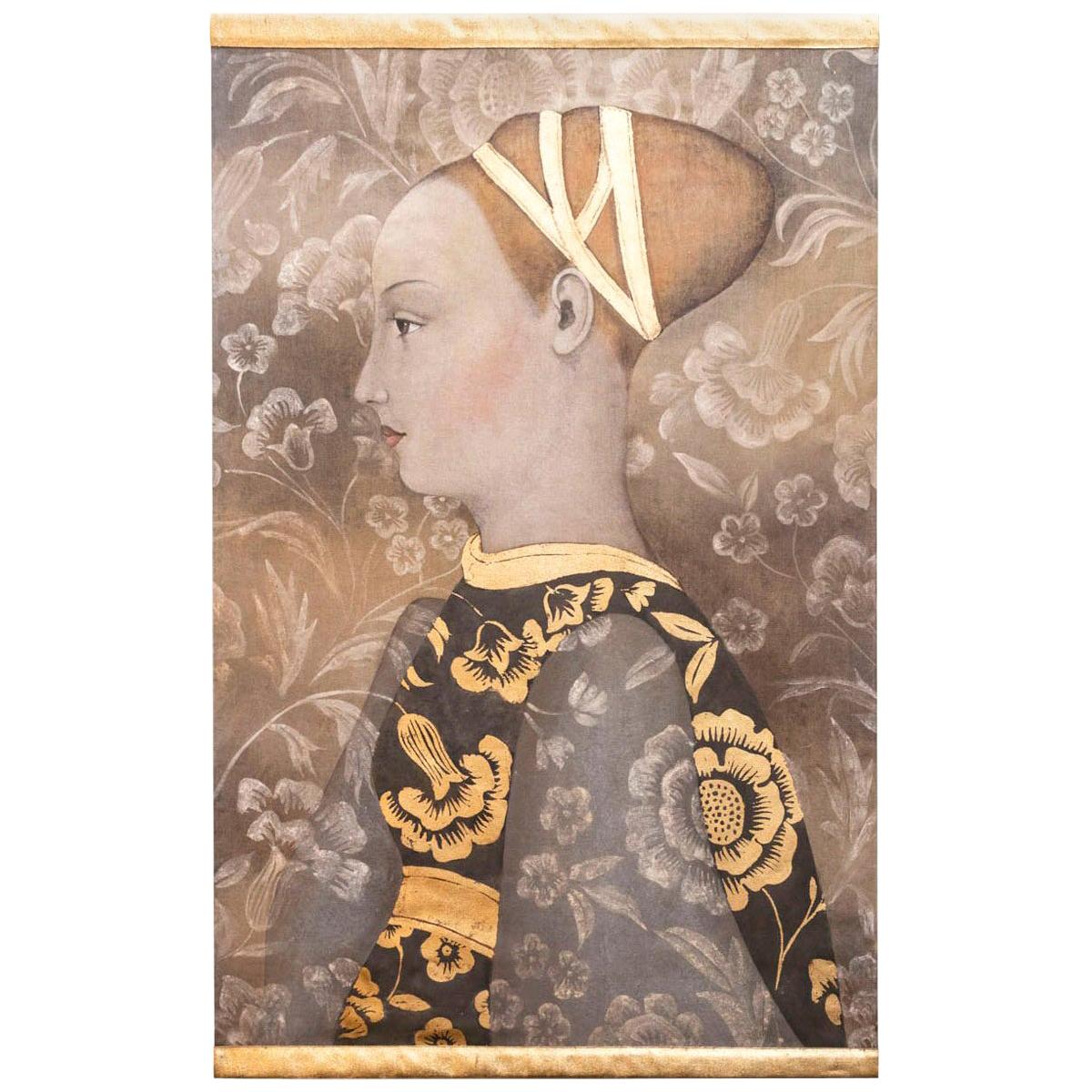 Painted Canvas of a Renaissance Style Woman Portrait, Contemporary Work For Sale
