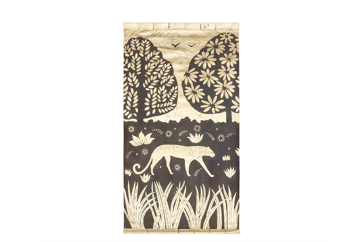 20ième siècle Toile peinte. Panthère sur un fond doré. Travail contemporain en vente