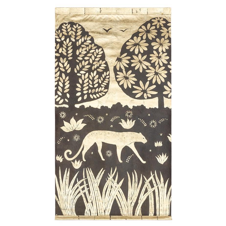 Painted canvas. Panther on a golden background. Contemporary work