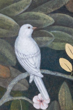 Painted canvas representing a bird in a floral decor. Contemporary.