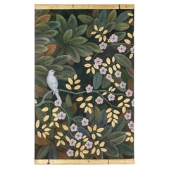 Painted canvas representing a bird in a floral decor. Contemporary.