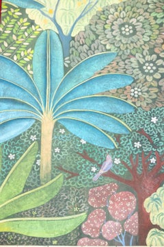 Painted canvas representing a blue palm tree. Contemporary work.