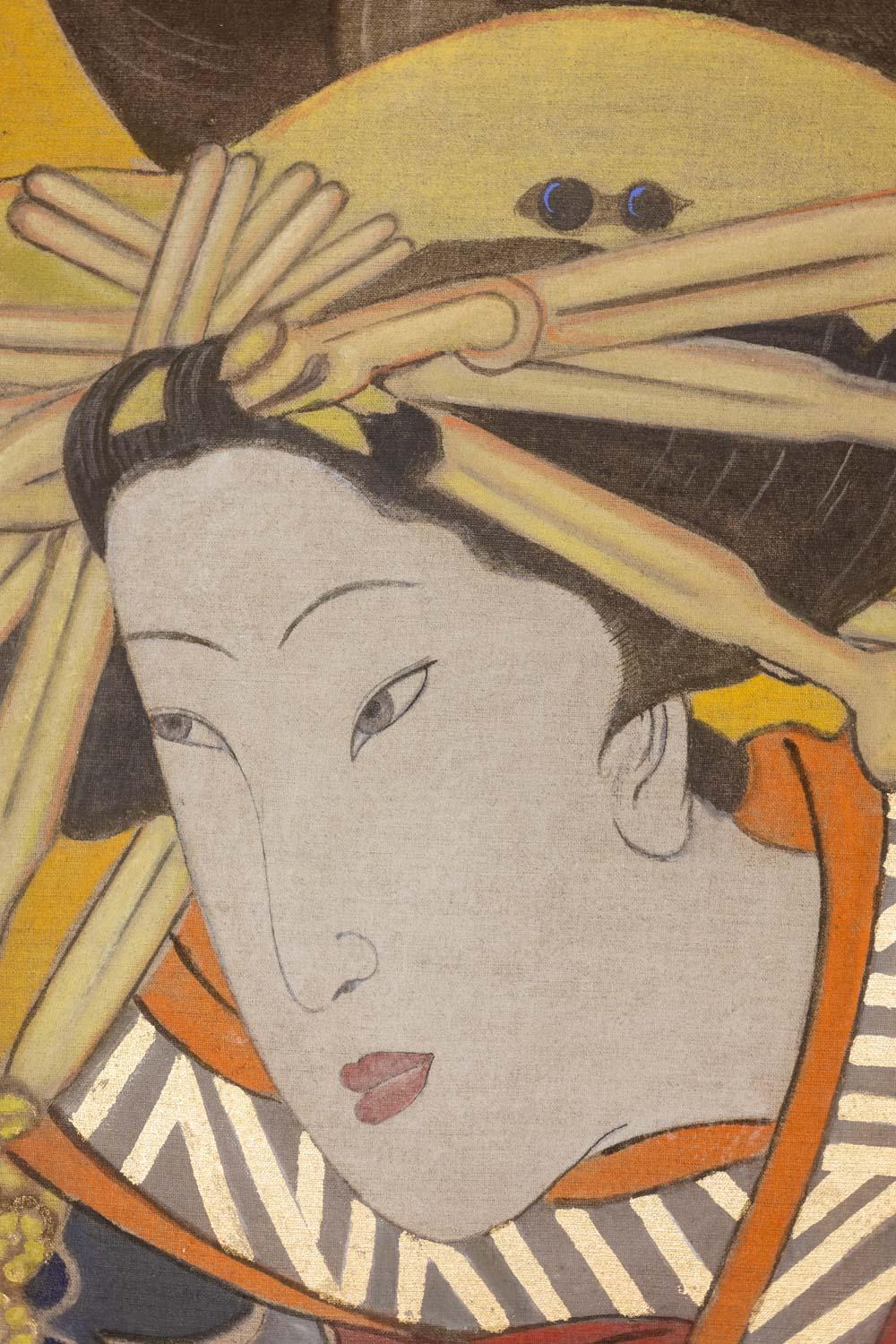 Painted canvas, or decorative panel, representing a Japanese woman in traditional costume.

Contemporary work by French artists.

Dimensions: H 160 x W 100 cm

Reference: LS6342676/1

Raw linen canvas hand painted with natural pigments and golden