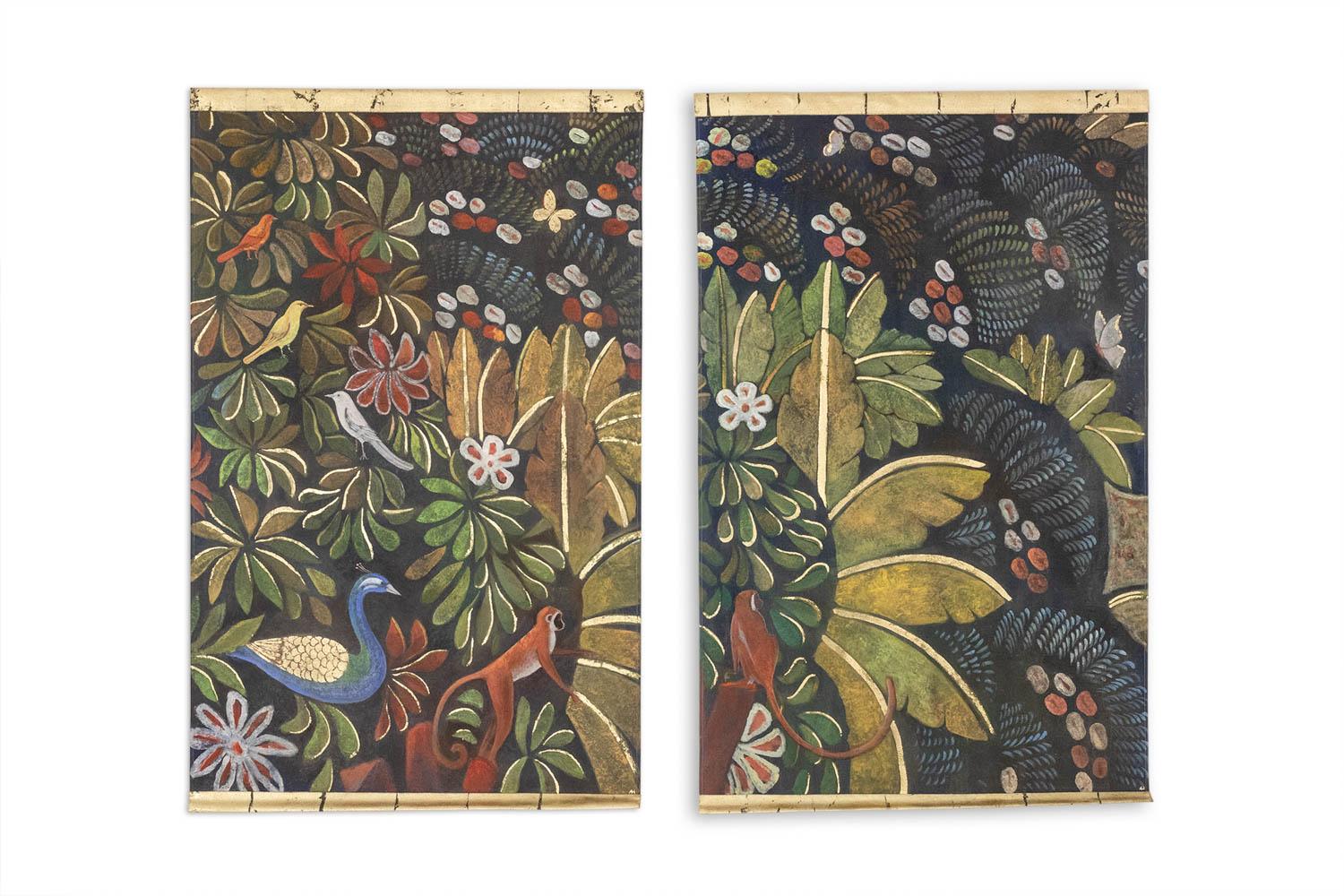 French Painted canvas representing a marmoset on a floral background. Contemporary. For Sale