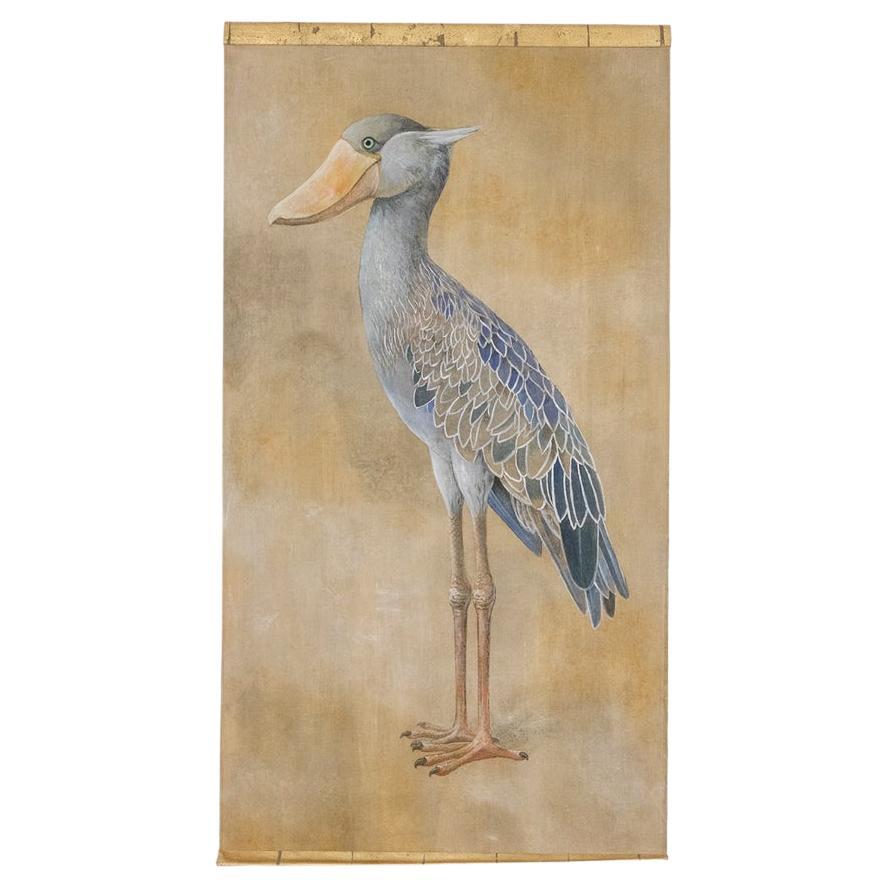 Bemalte Leinwand, die einen Nile- Shoebill darstellt. Zeitgenössisch. im Angebot