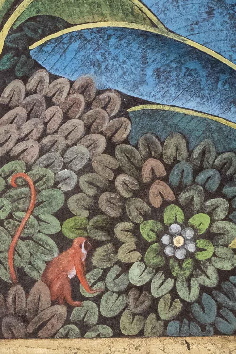 Tela dipinta che rappresenta un tucano e delle scimmie su uno sfondo con fogliame e una palma blu stilizzata.

Opere di artisti francesi contemporanei.

Dimensioni: H. 110 x L. 70 cm

Riferimento: LS6137458J

Tela di lino grezzo dipinta a mano con