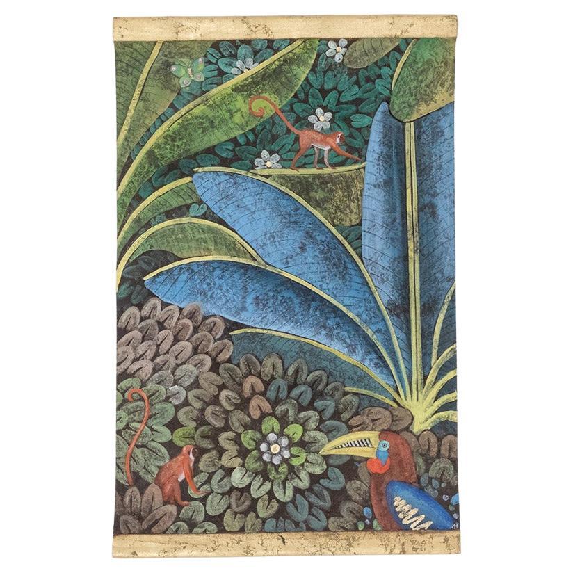 Painted canvas representing a toucan on a stylized background. Contemporary.