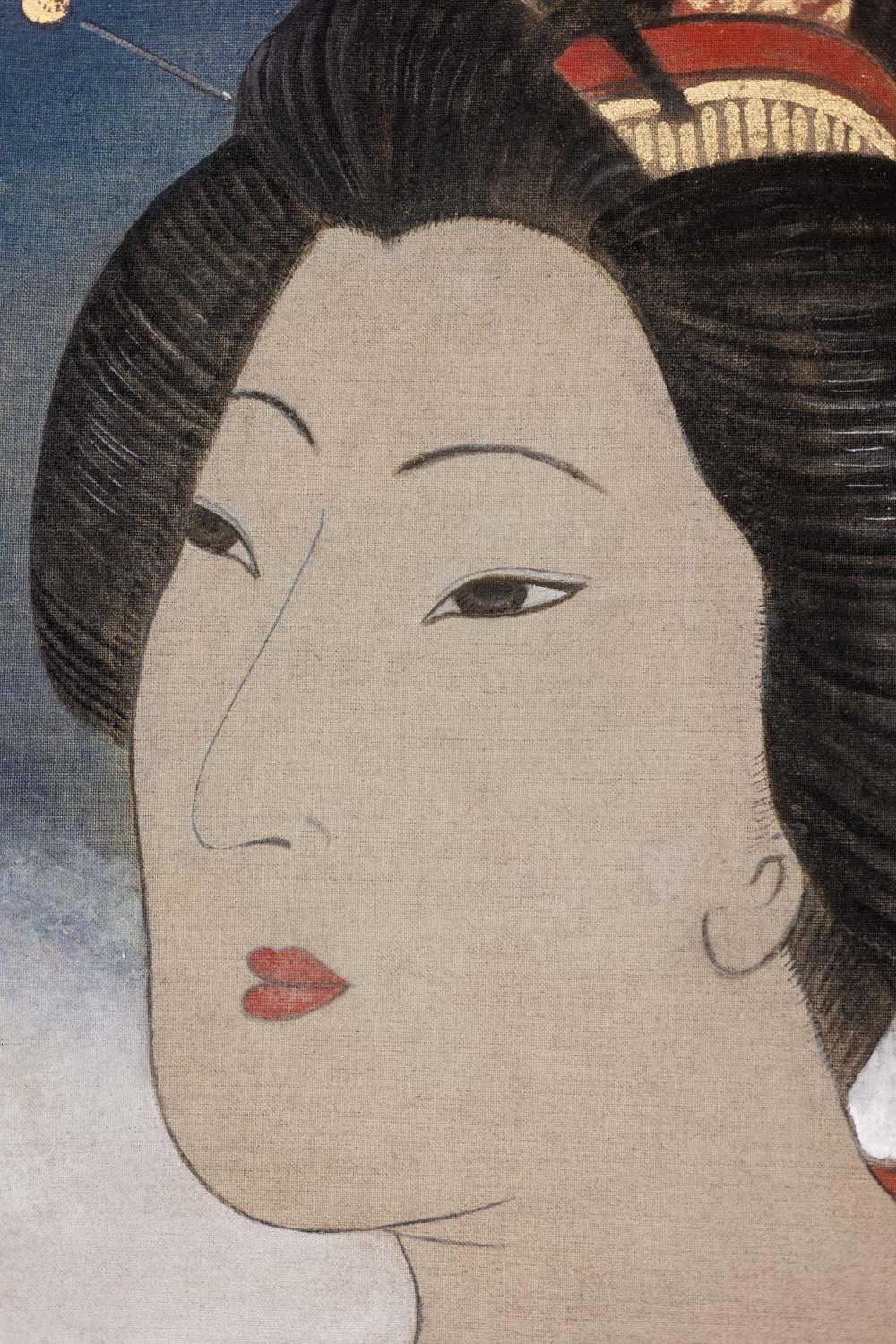 Bemalte Leinwand, die einen asiatischen Stilmerkmal darstellt. Zeitgenössisch. (Französisch) im Angebot