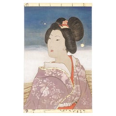 Vintage Painted canvas representing an Asian style character. Contemporary.
