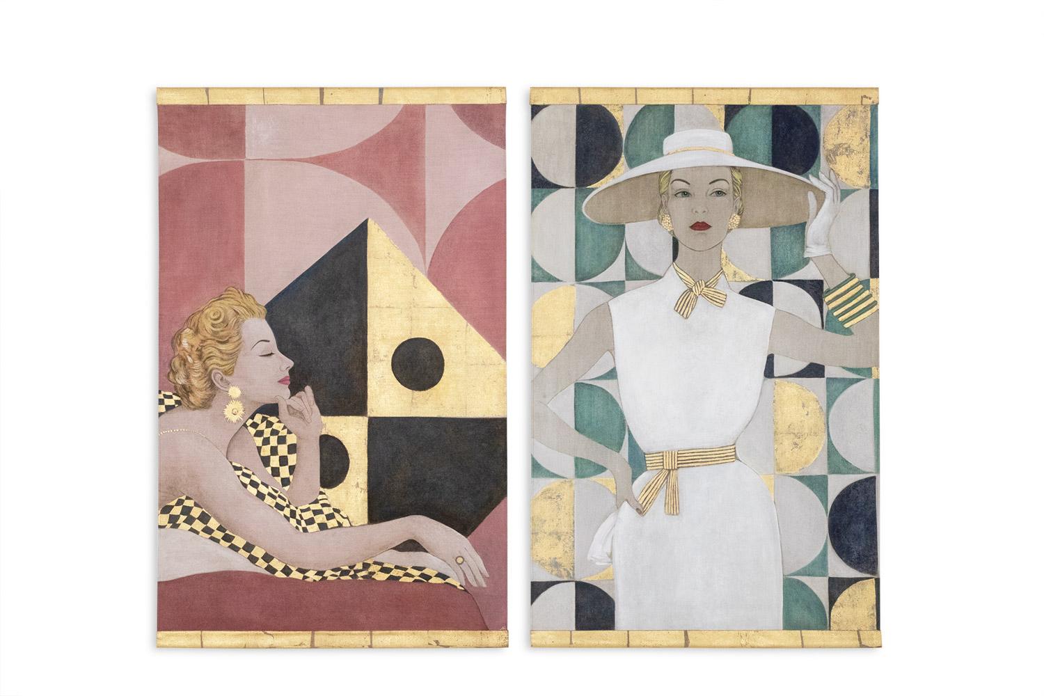French Painted canvas representing an elegant 1950s style. Contemporary. For Sale