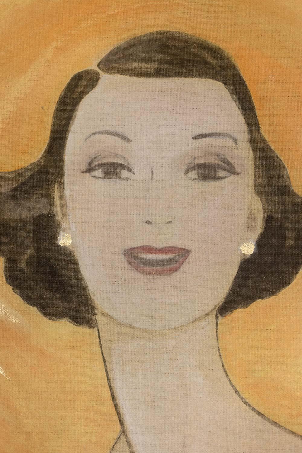 Tela dipinta che rappresenta un'elegante donna in stile anni '50, con il suo cappello giallo a mantellina e il suo abito nero a trapezio o a marquise, su uno sfondo decorato con forme geometriche, con i suoi guanti color crema.

Opere di artisti